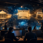 Representação visual de ativos financeiros tokenizados circulando entre instituições em uma rede blockchain