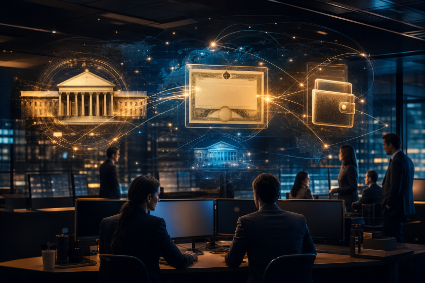 Representação visual de ativos financeiros tokenizados circulando entre instituições em uma rede blockchain