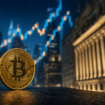 Moeda de Bitcoin diante de elementos visuais que representam o mercado de ETFs nos Estados Unidos