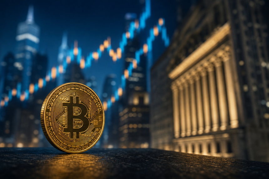 Moeda de Bitcoin diante de elementos visuais que representam o mercado de ETFs nos Estados Unidos